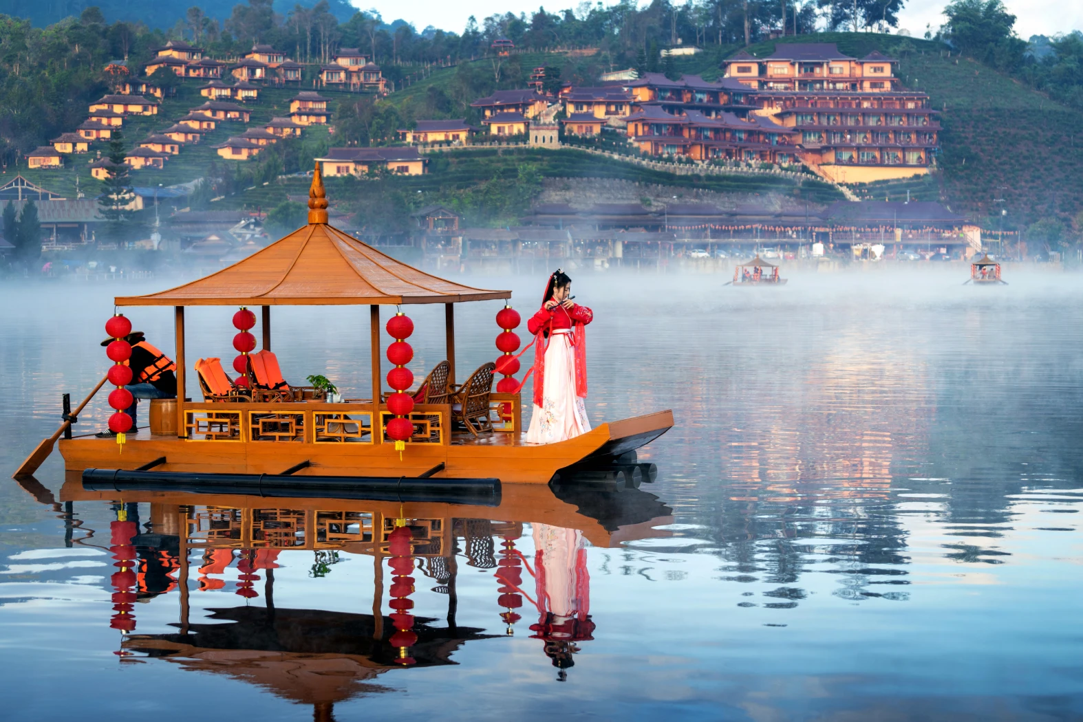 asian woman wearing chinese traditional dress boat ban rak thai village mae hong son province
