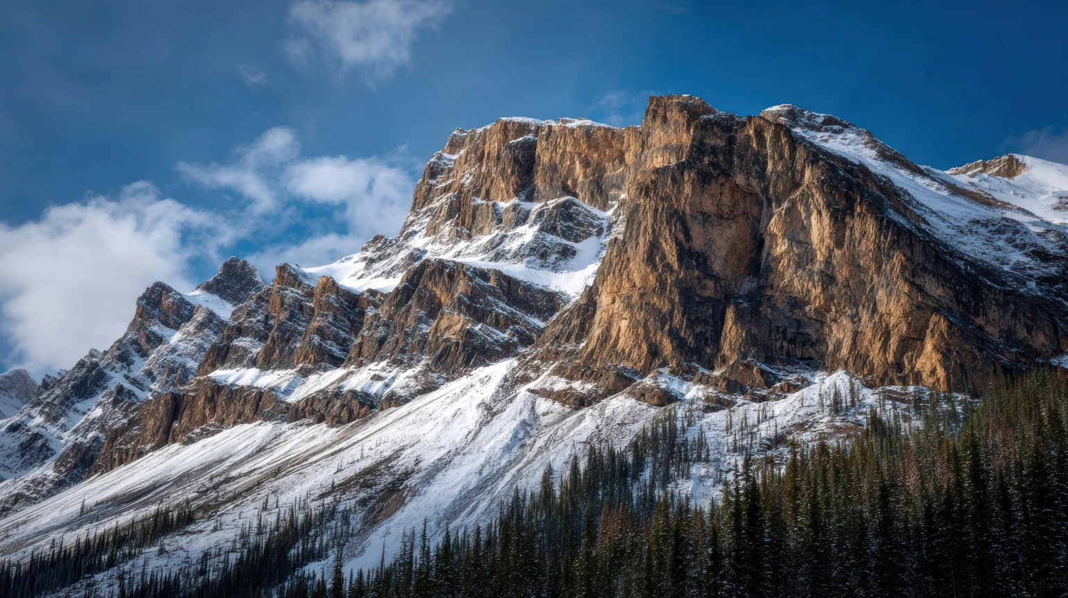 snow capped mountains pine trees blue sky