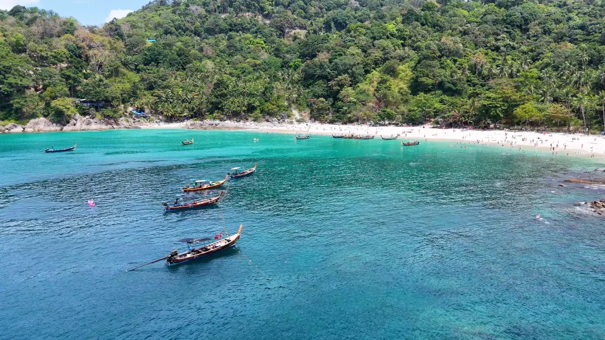aerial view longtail boats turquoise phuket bay