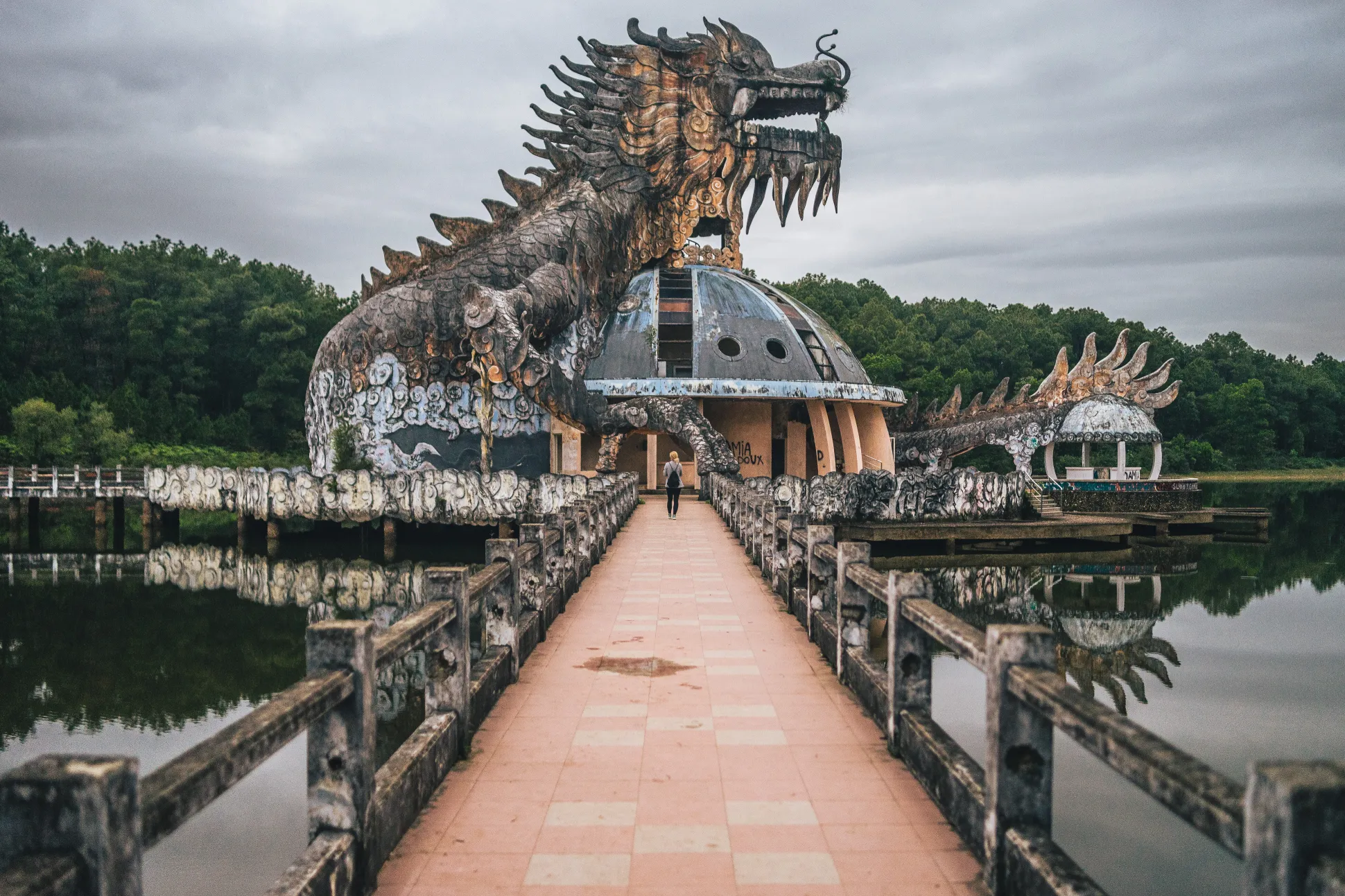 panoramic shot abandoned water park thuy tien lake huong vietnam